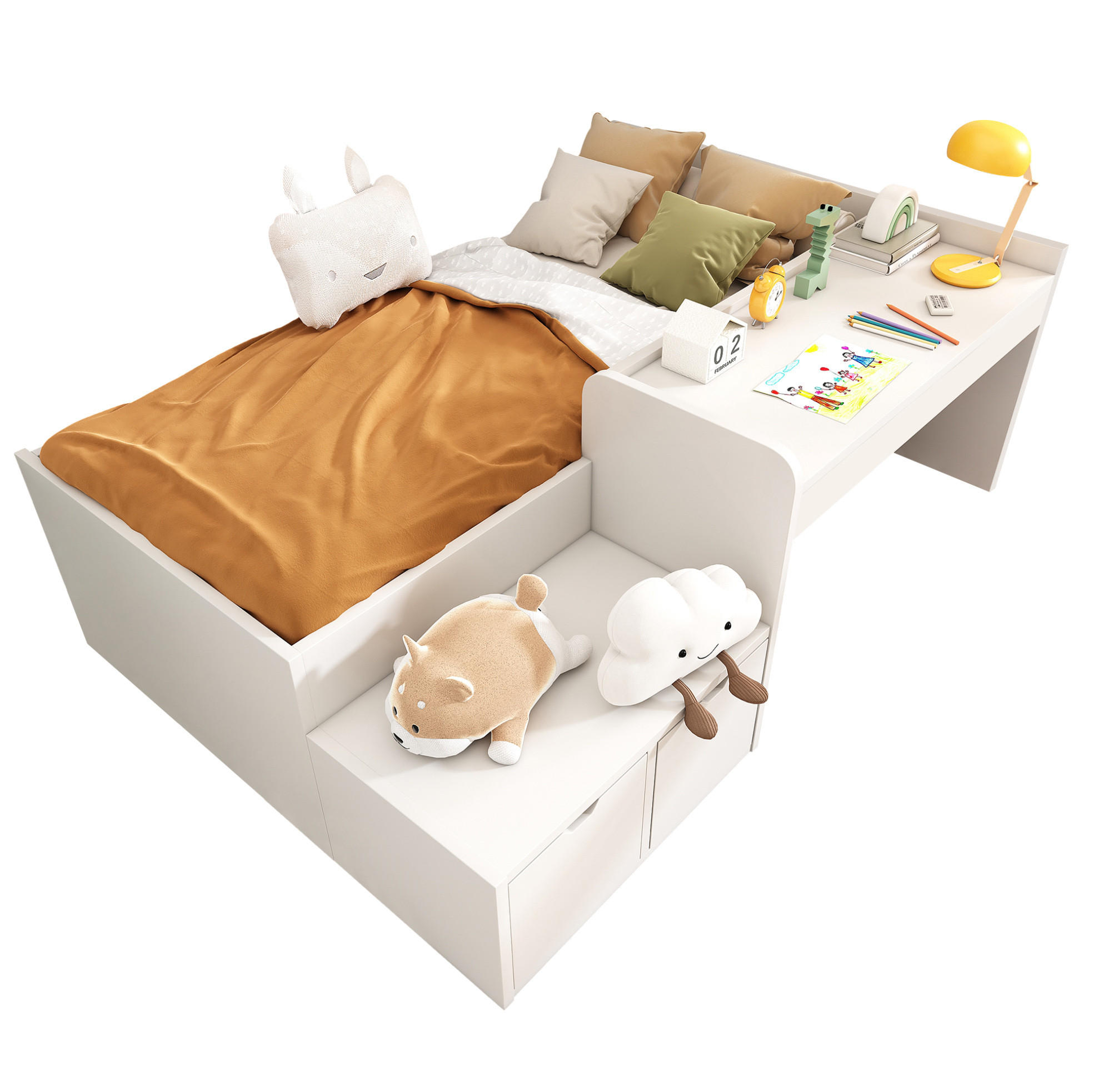 KINDERBETT 90/200 cm Weiß aus Kiefer-Massivholz und MDF mit Schreibtisch und Schubladen - Weiß, Holz (90/200cm) - OKMYHOME