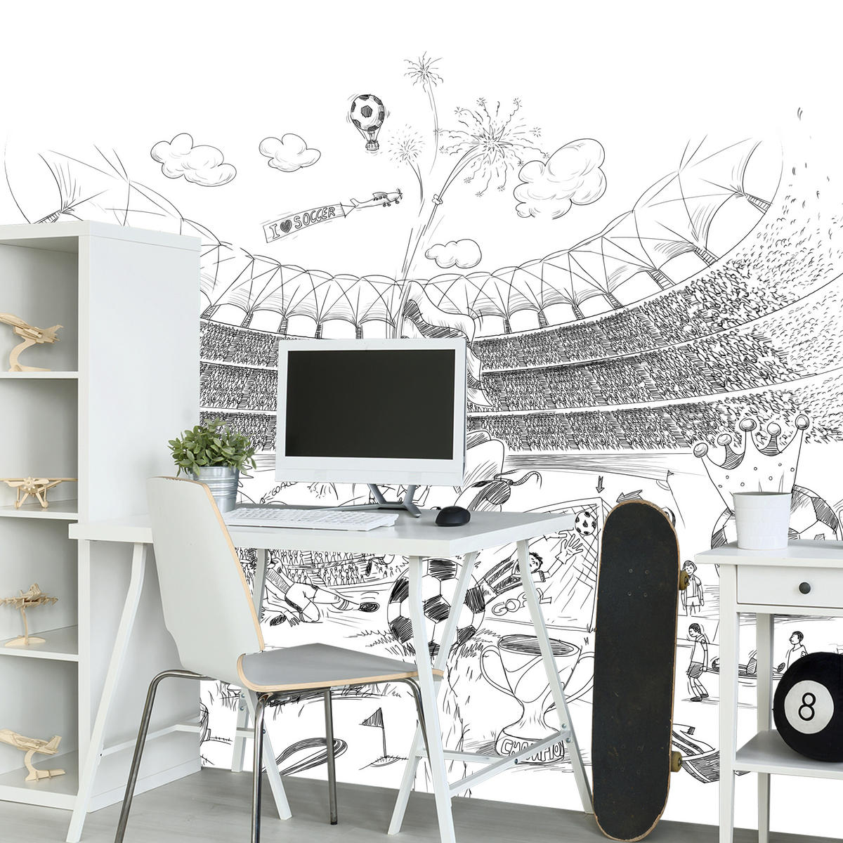 FOTOTAPETA Pre Detskú Izbu Futbalový Štadión Skica Hráč Lopta Pohár Šport 450 x 315 cm - sivá/biela, papier (450/315cm) - Muralo