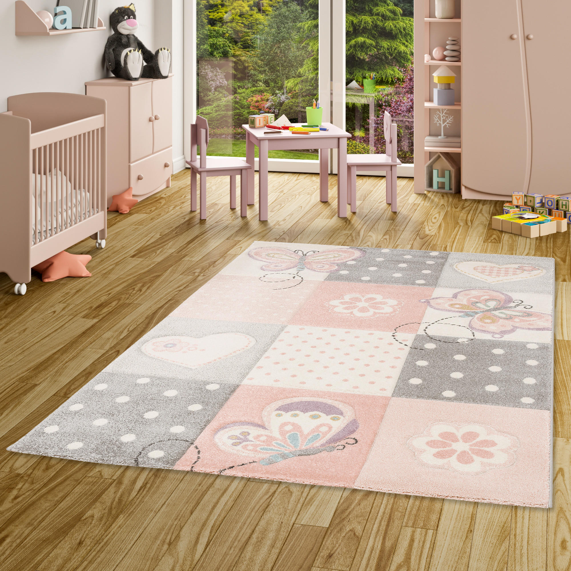 KINDER TEPPICH MAUI KIDS KARO HERZEN - Rosa, Textil (80/150cm) - Pergamon