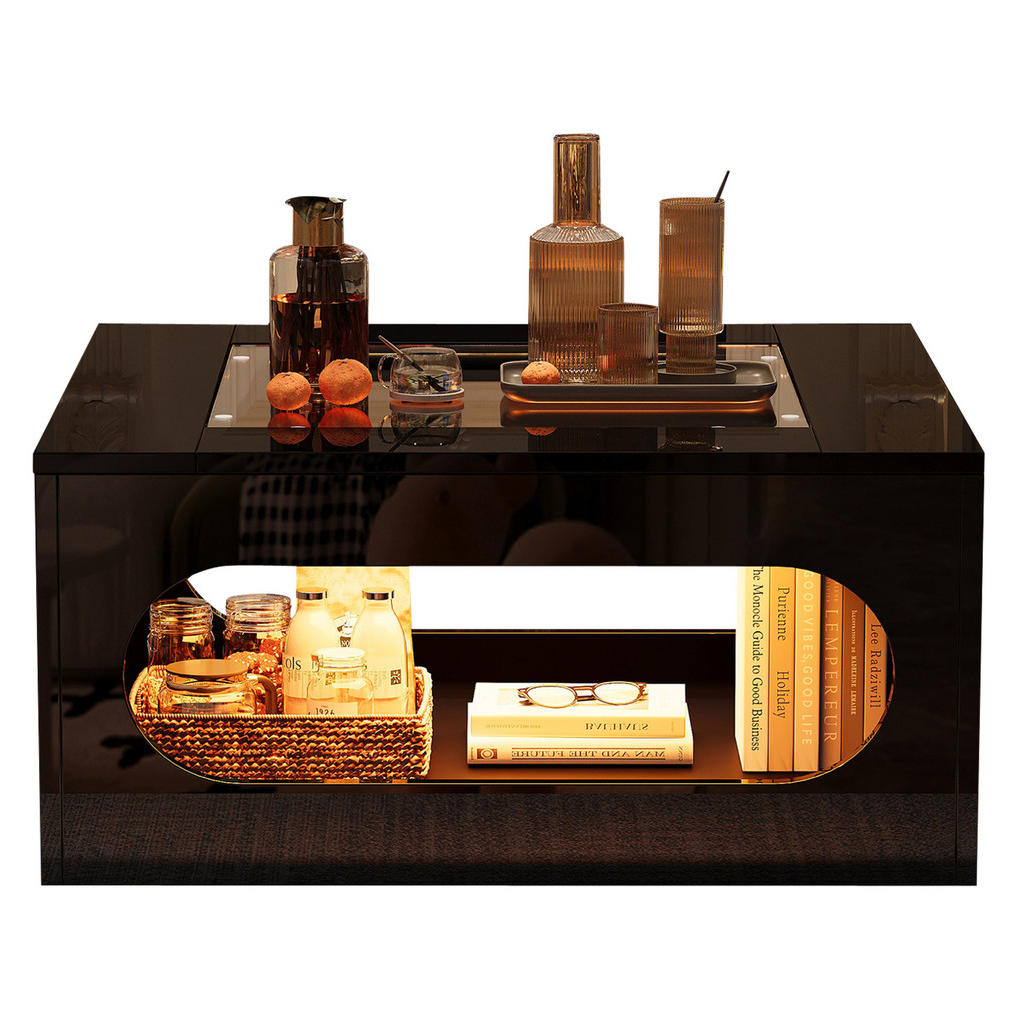 OKWISH KONFERENČNÍ stolek 70/70/35 cm černý z MDF se skleněnou deskou a LED osvětlením