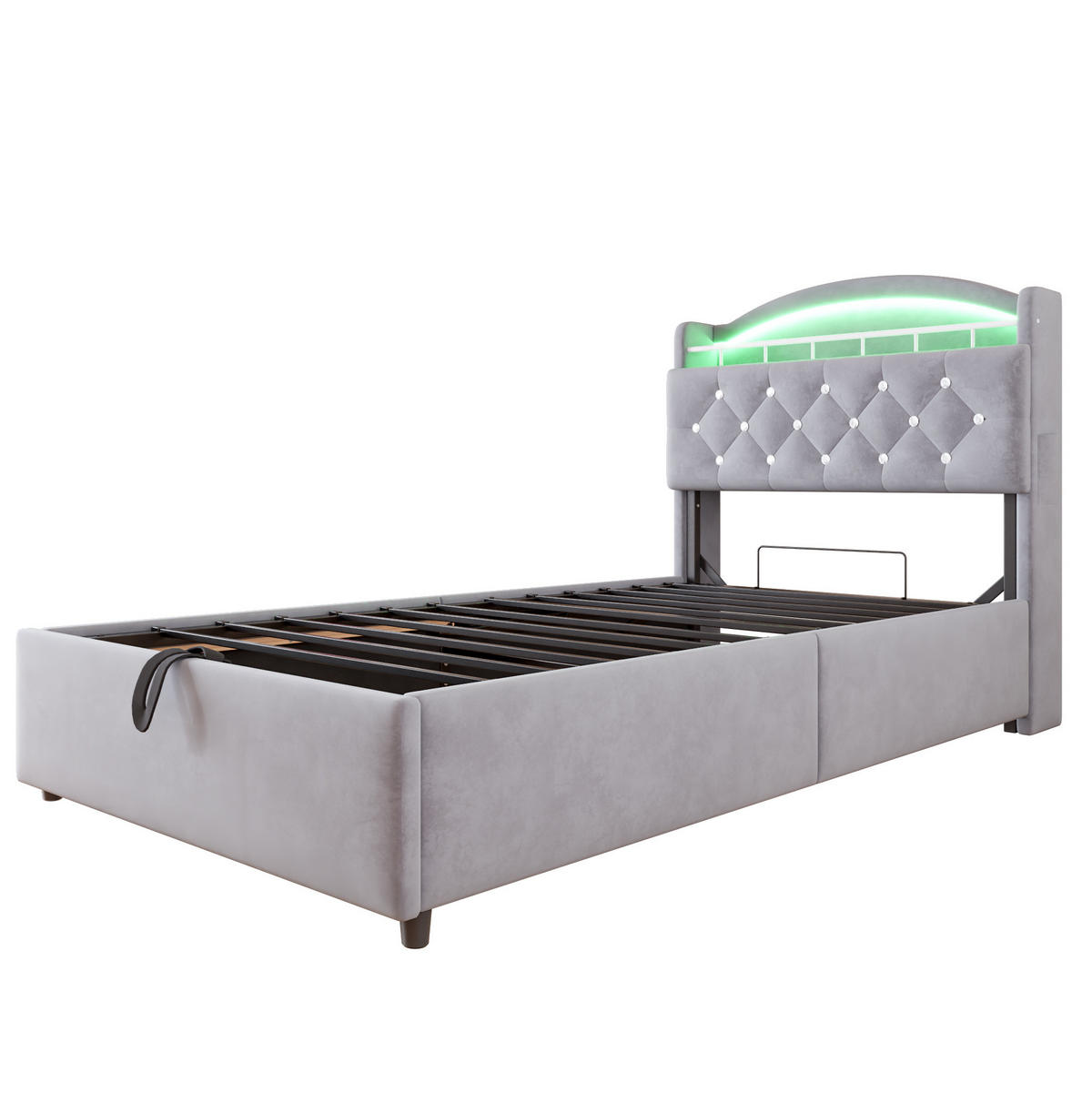 POLSTERBETT 90/200 cm grau mit Stauraum und LED-Beleuchtung - Grau, Textil (90/200cm) - OKWISH