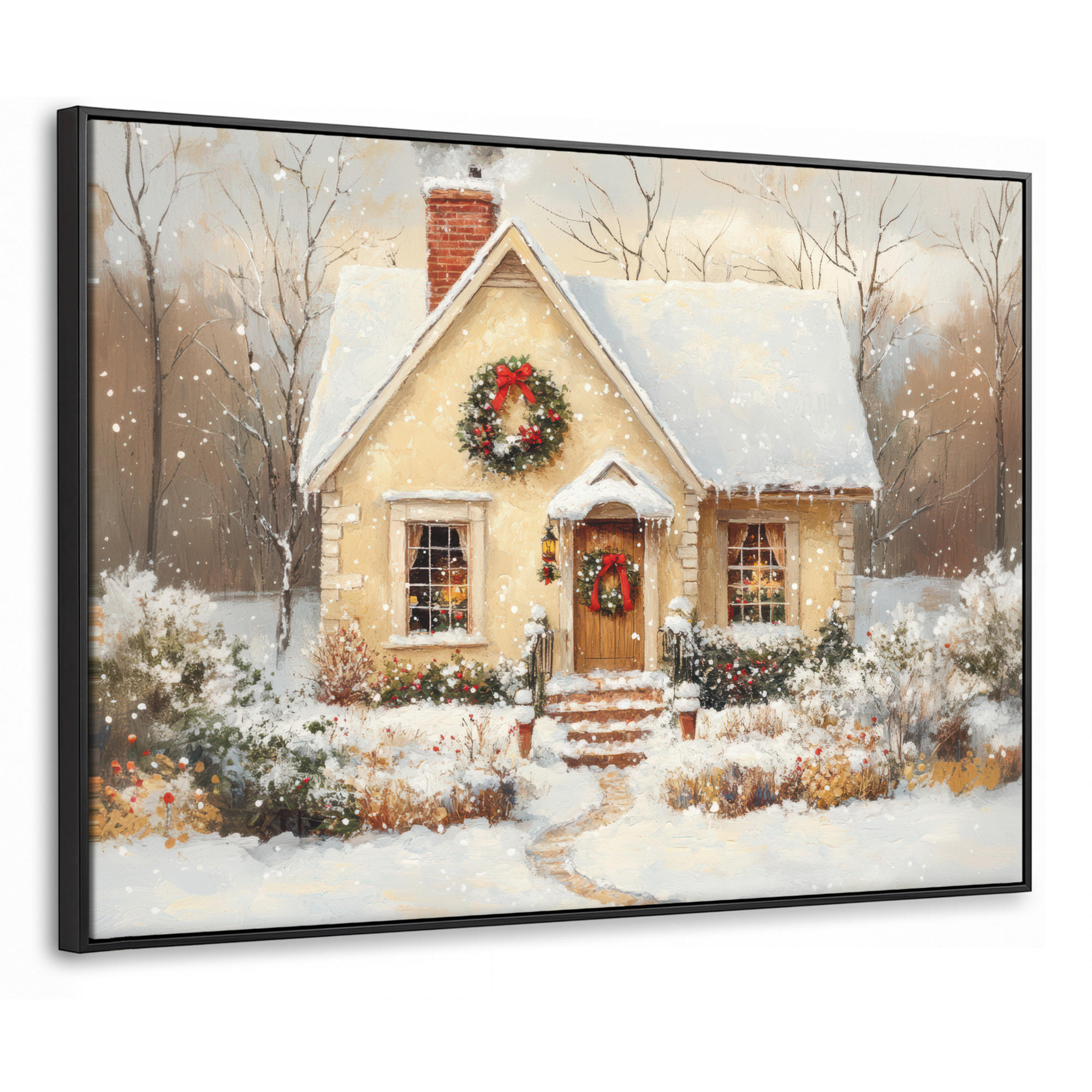 LEINWAND Bilder mit Rahmen - Weihnachten - Zuhause - Winter - Schnee - 70x50 - Creme, Textil (70/50cm) - MuchoWow