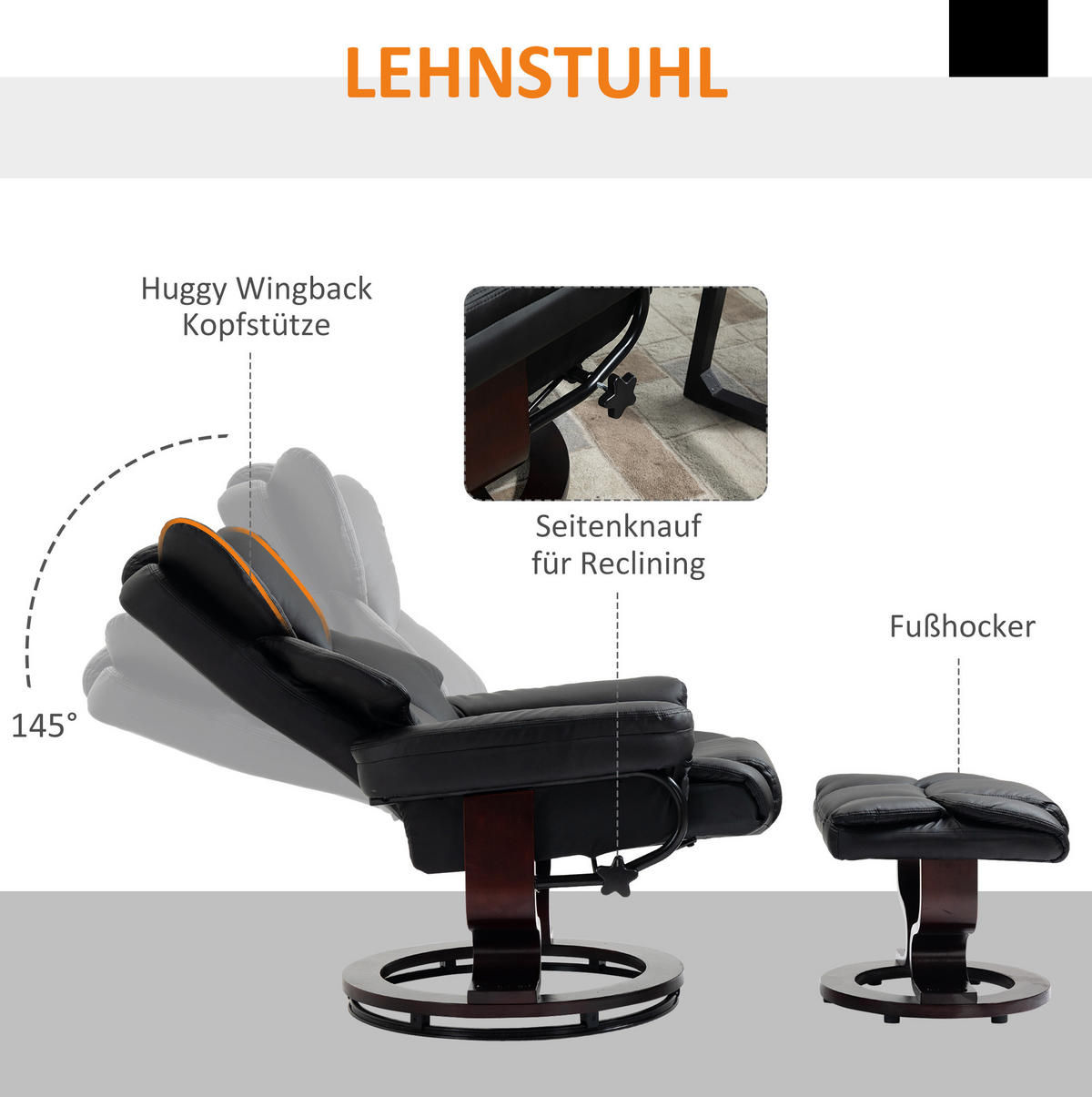 RELAXSESSEL mit Hocker 80/79/100 cm in Schwarz, drehbar mit Liegefunktion - Schwarz, Metall (79/100/80cm) - Flora Grace