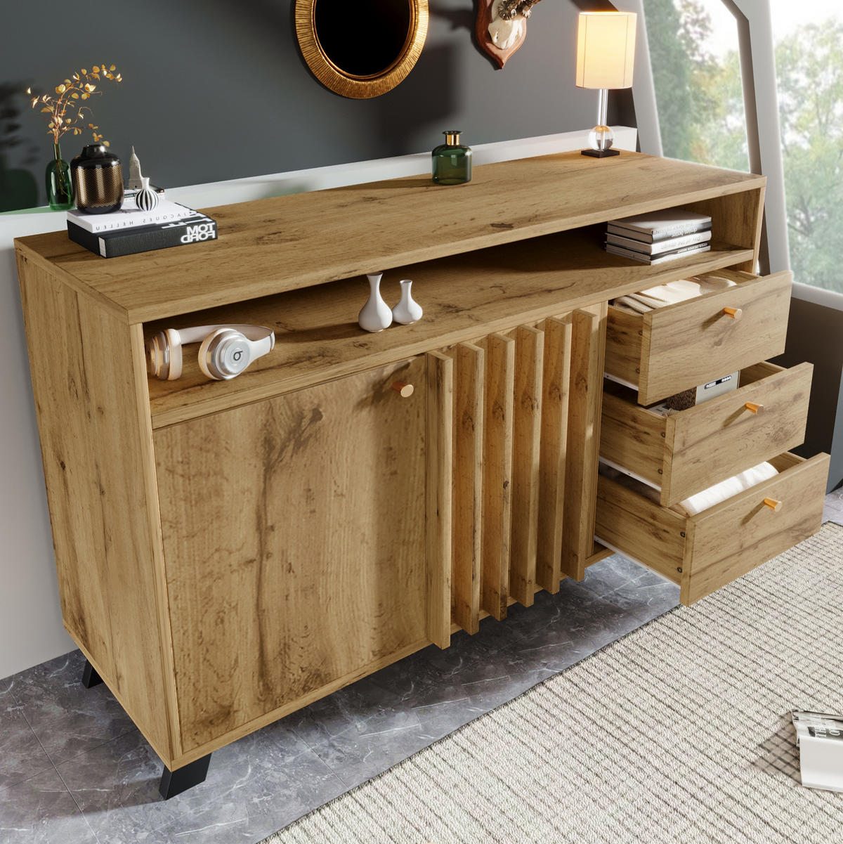 SIDEBOARD 120/40/85 cm mit 2 Türen, 3 Schubladen & offenem Fach in Dunkler Eiche - Braun, Holz (120/85/40cm) - BEAOK