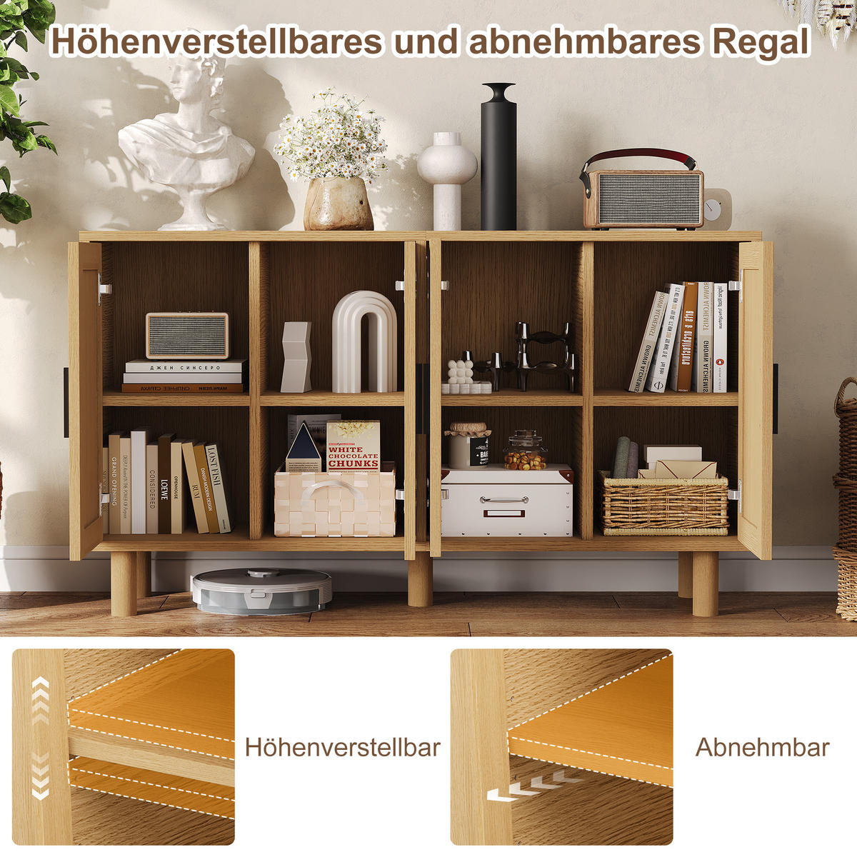 SIDEBOARD Rattanschrank mit 4 Türen, Wohnzimmerschrank Stauraum, 80/140/80 cm - Naturfarben, Holz/Metall (40/80/140cm) - PARAFTA HOME