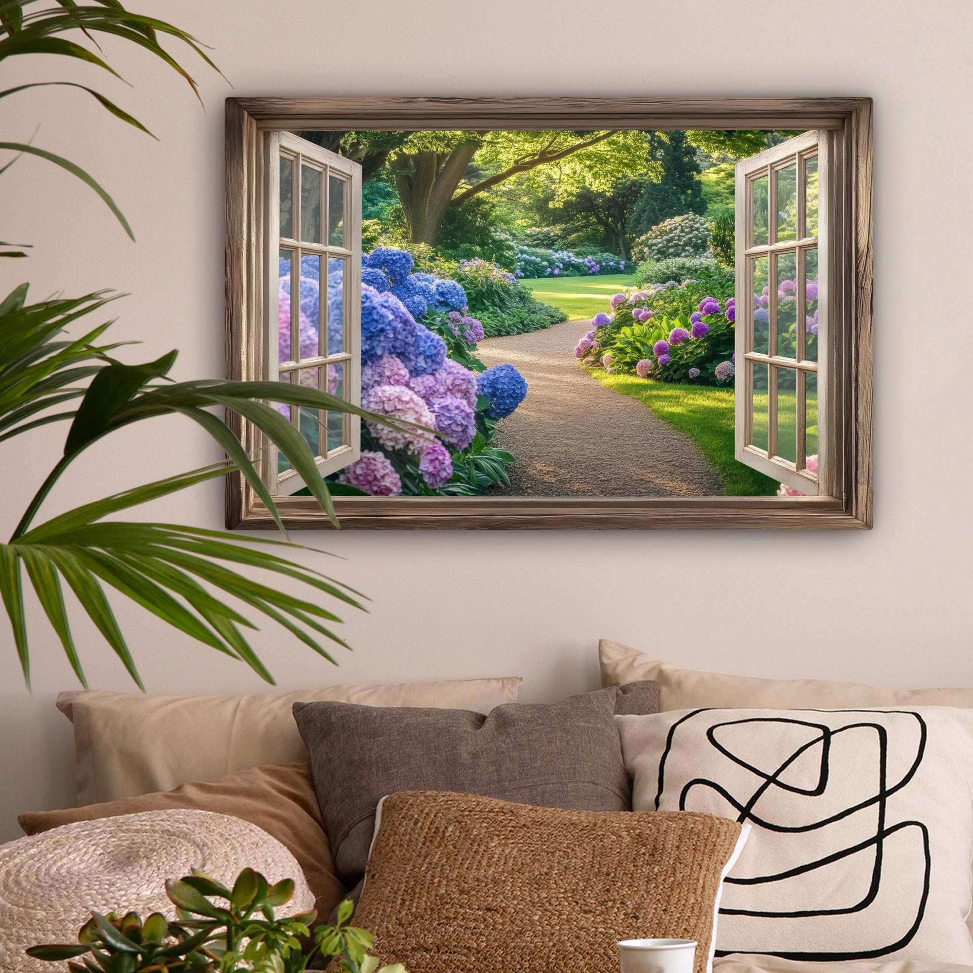LEINWANDBILD Aussicht - Garten - Fenster - Hortensie - Blumen Gemälde 60x40 cm - Pastellblau, Textil (60/40cm) - MuchoWow