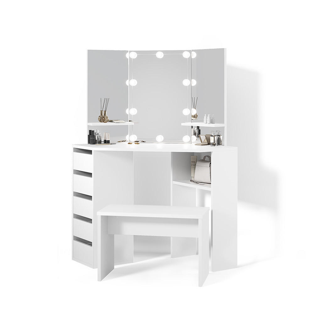 ECKSCHMINKTISCH Enna Weiß 110 cm mit LED Beleuchtung und Bank - Weiß, Holzwerkstoff (110/141.5/54cm) - Livinity®