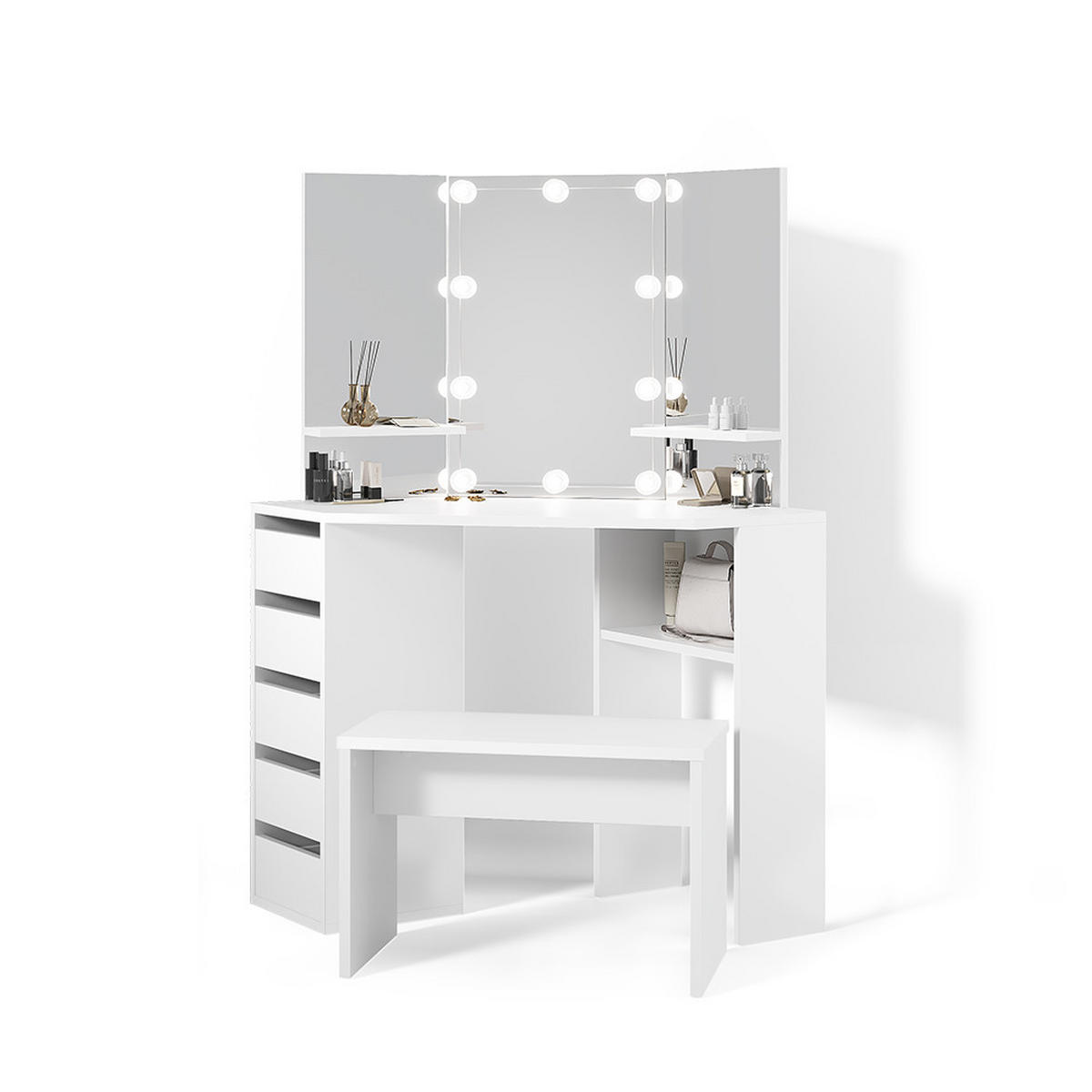 ECKSCHMINKTISCH Enna Weiß 110 cm mit LED Beleuchtung und Bank - Weiß, Holzwerkstoff (110/141.5/54cm) - Livinity®