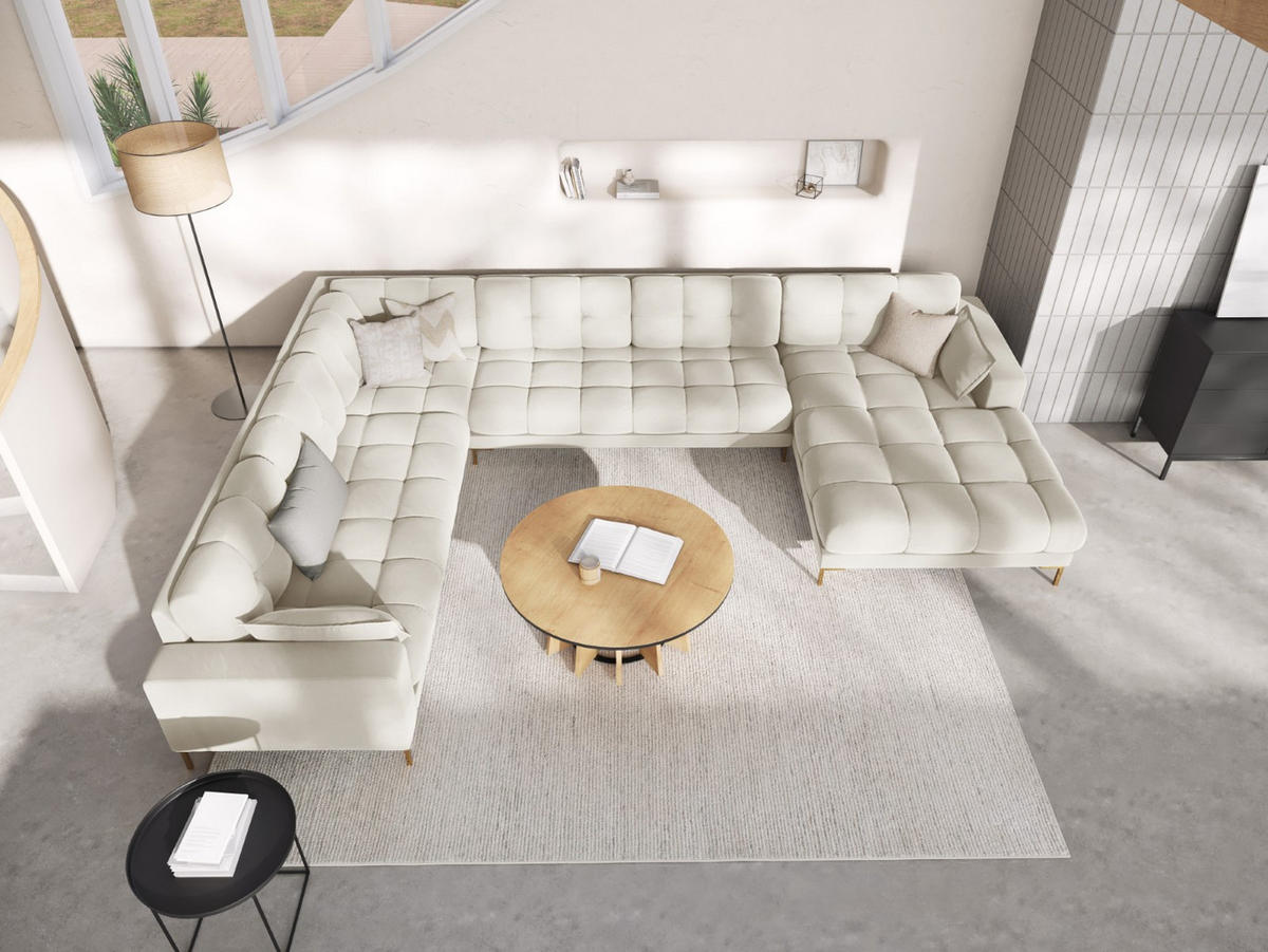 PANORAMASOFA links Mamaia aus Samt leichtes beige 7 Sitzplätze - Creme, Textil (256/75/327cm) - Micadoni