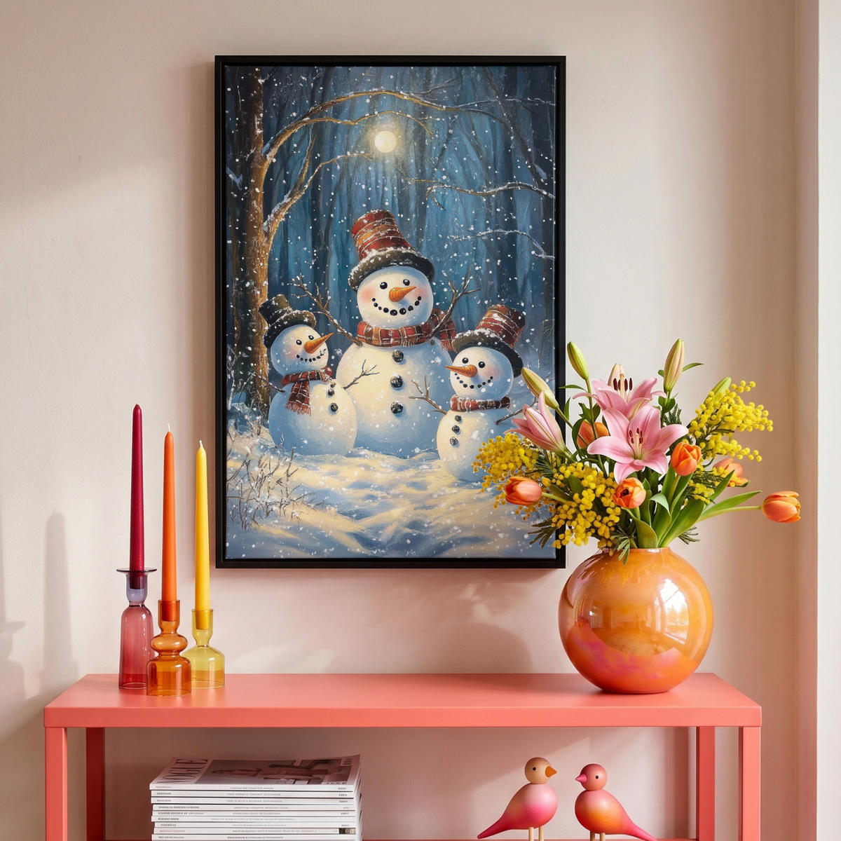 LEINWAND Bilder mit Rahmen - Schneemann - Schnee - Winter - Wald - 40x60 - Hellblau, Textil (40/60cm) - MuchoWow