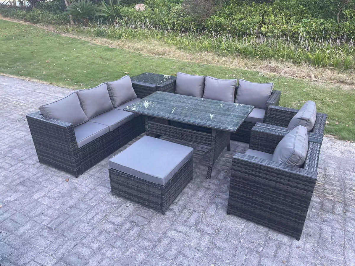 SITZGRUPPE mit Beistelltisch,Hocker Polyrattan Dunkelgrau 9-Sitzer - Dunkelgrau/Grau, Glas/Kunststoff - Fimous