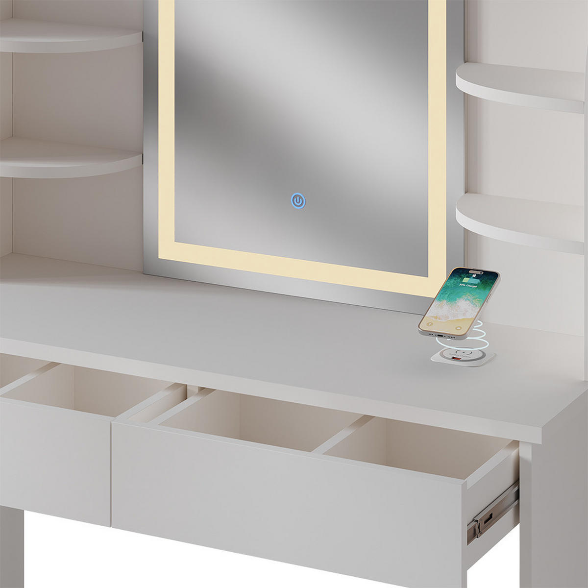 SCHMINKTISCH Charlotte Weiß 106 cm mit LED-Spiegel und QI-Ladestation - Weiß, Holzwerkstoff (106/142/40cm) - Vicco