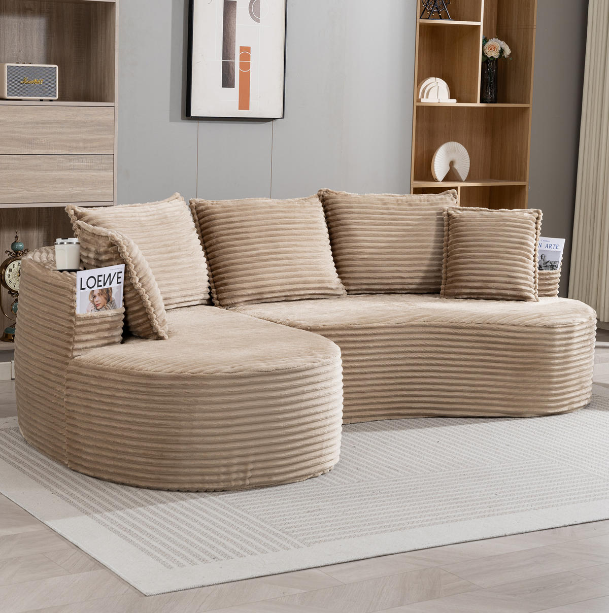 SOFA bogiges Design 250 x 152 cm Cord Khaki mit Getränkehaltern - Braun, Textil (152/250cm) - Meubliv