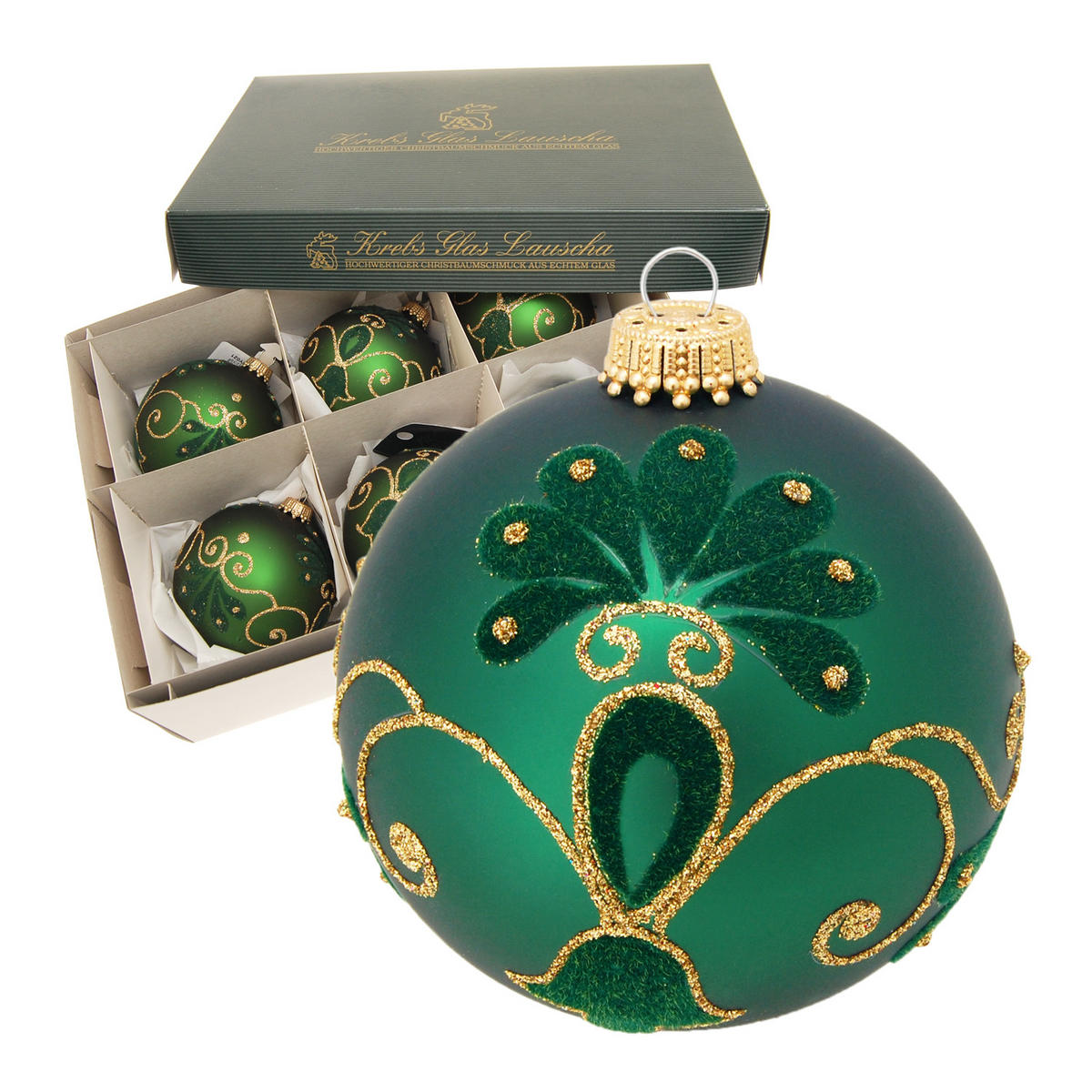 CHRISTBAUMKUGELN Stilisierte Blüten Grün 8cm (Glas / 6 Stk.) - Grün, Glas (8/8/8cm) - Krebs Glas Lauscha