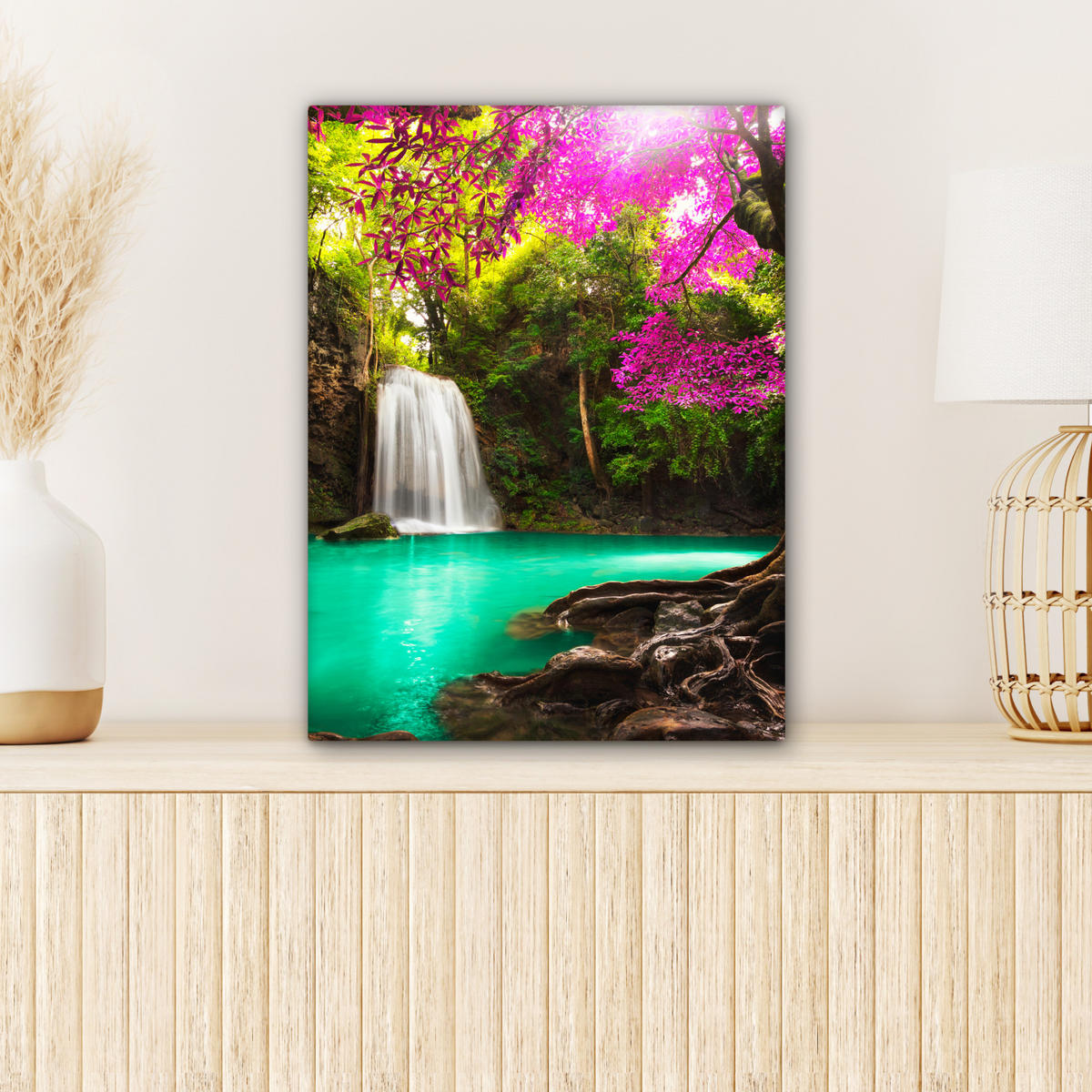 LEINWANDBILD Wasserfall mit bunten Blumen und Bäumen - Natur - Dschungel Room Decor 30x40 cm - Waldgrün, Textil (30/40cm) - MuchoWow