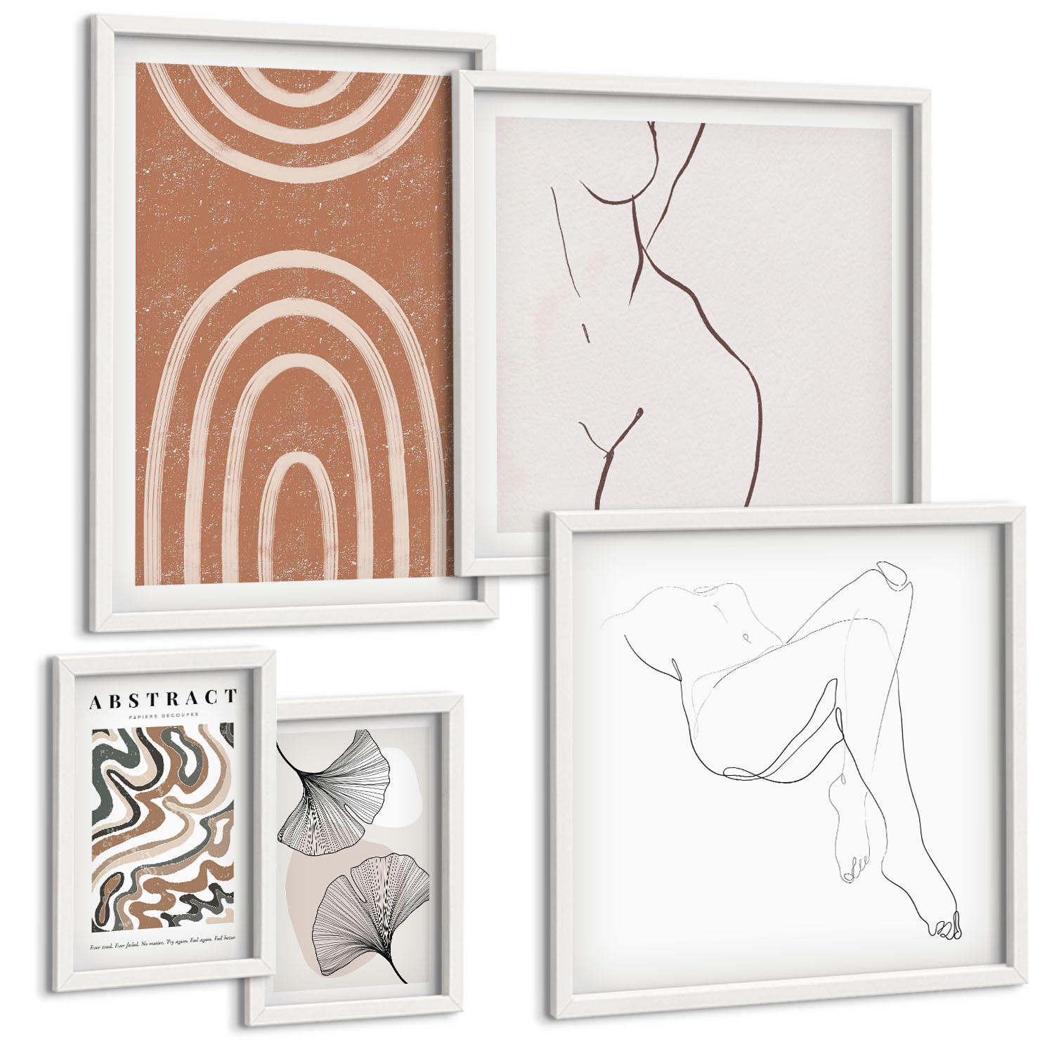 BILDER SET 5er Set - 50x50 cm & 20x30 cm & 40x60 cm Weißer Rahmen - Abstrakte Boho-Blattformen - Weiß, Kunststoff (40/60cm) - TULUP