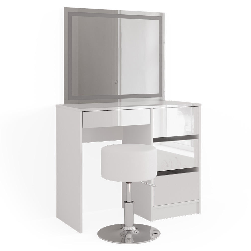 SCHMINKTISCH Sherry Weiß 90 cm mit LED-Spiegel und Hocker - Weiß Hochglanz/Weiß, Holzwerkstoff (90/75/40cm) - Vicco