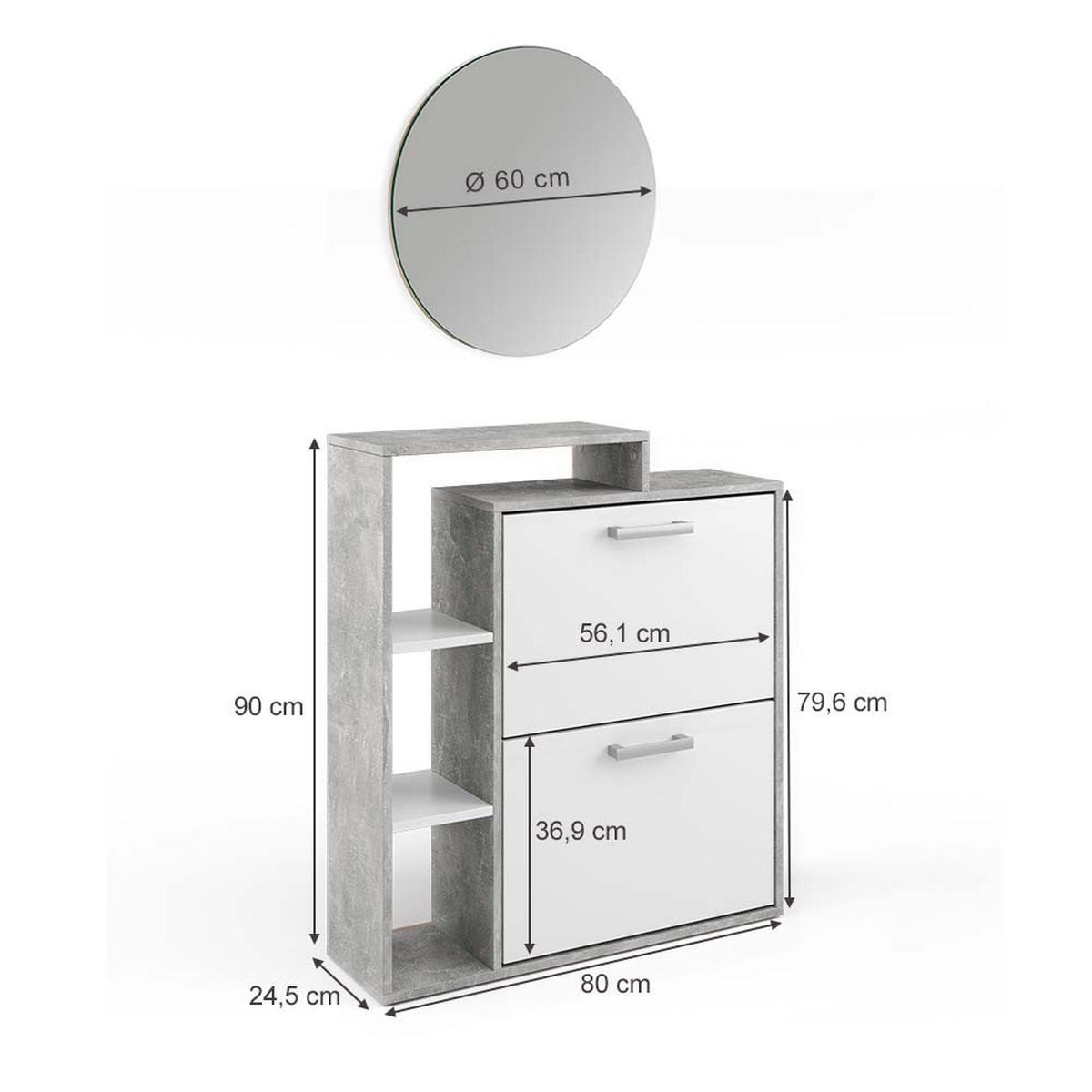 SCHUHKIPPER Orlando Beton 2 Teile, mit Spiegel - Weiß/Grau, Holzwerkstoff (80/90/25cm) - Vicco