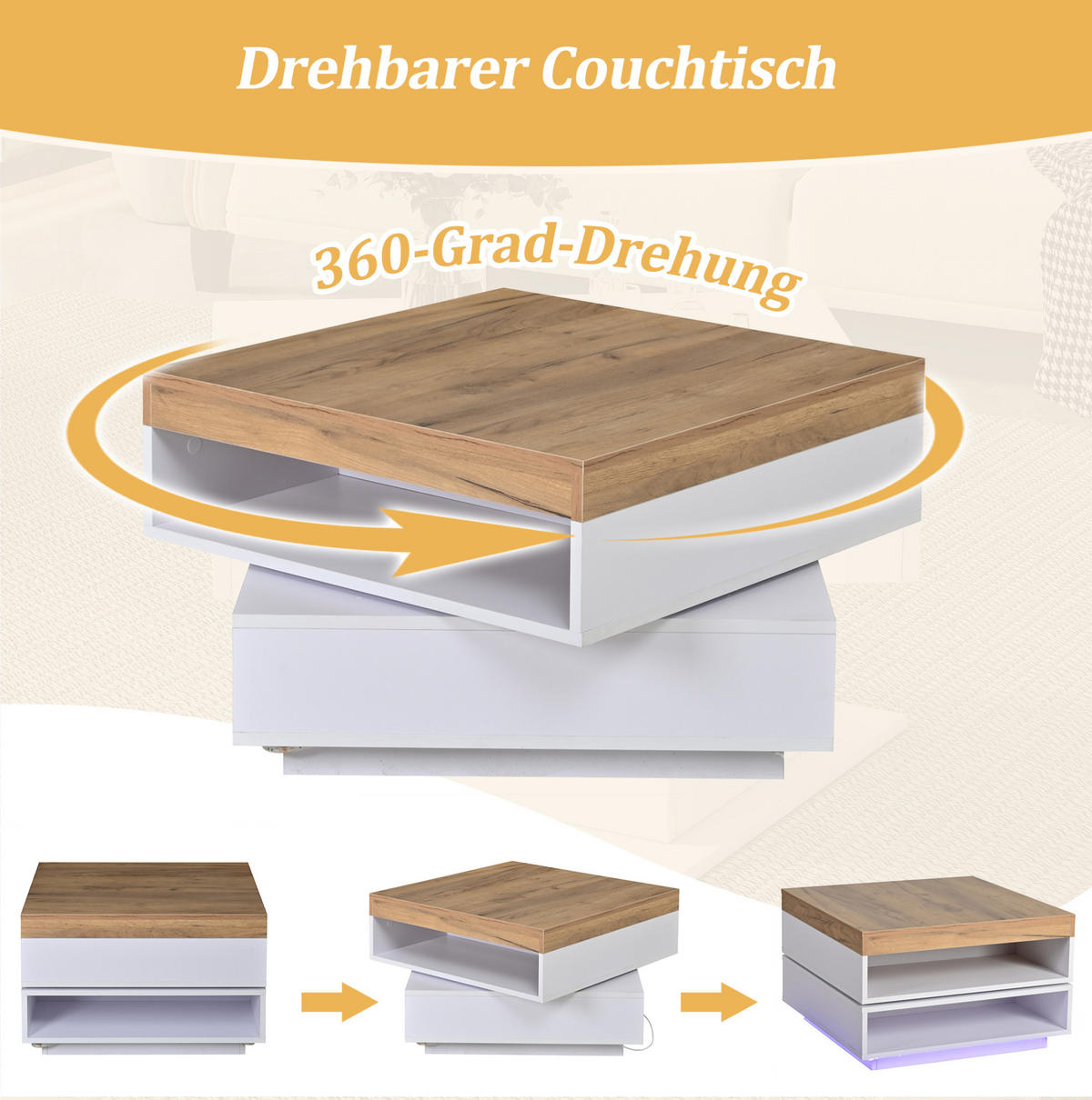 COUCHTISCH aus MDF 65x65x40 cm in Eichefarben mit LED-Beleuchtung - Eichefarben, Holzwerkstoff (65/65/40cm) - Modfu