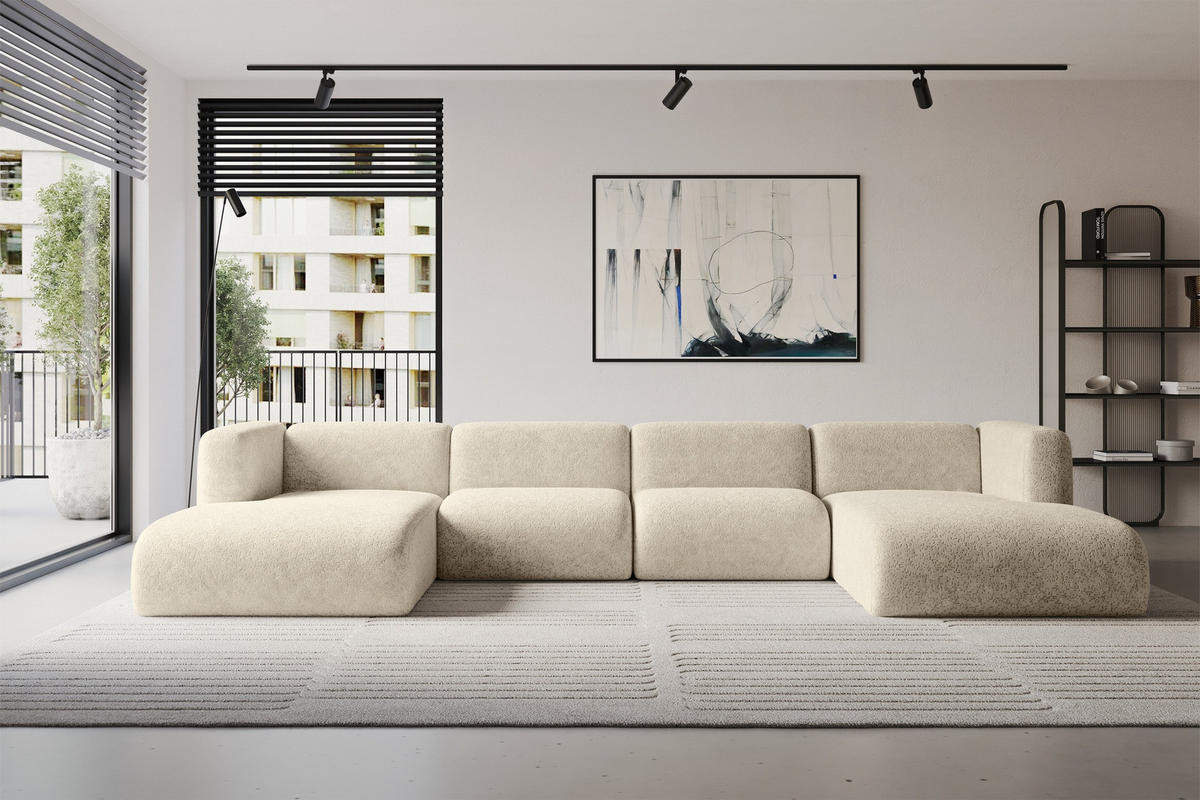 WOHNLANDSCHAFT MIRA-U2 408x179x70 Creme Velours - Creme/Schwarz, Holzwerkstoff/Kunststoff (408/70/179cm) - ALTDECOR