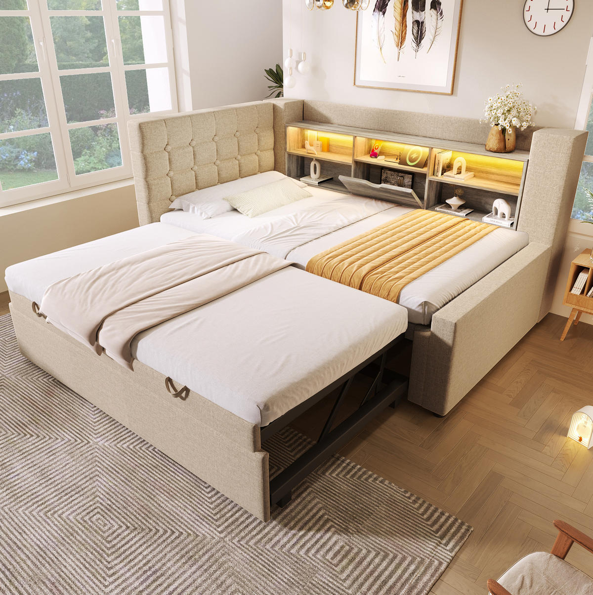 BETT mit Ausziehbett und Stauraum 90x200 cm Leinen Beige - Beige, Metall (90/200cm) - Meubliv