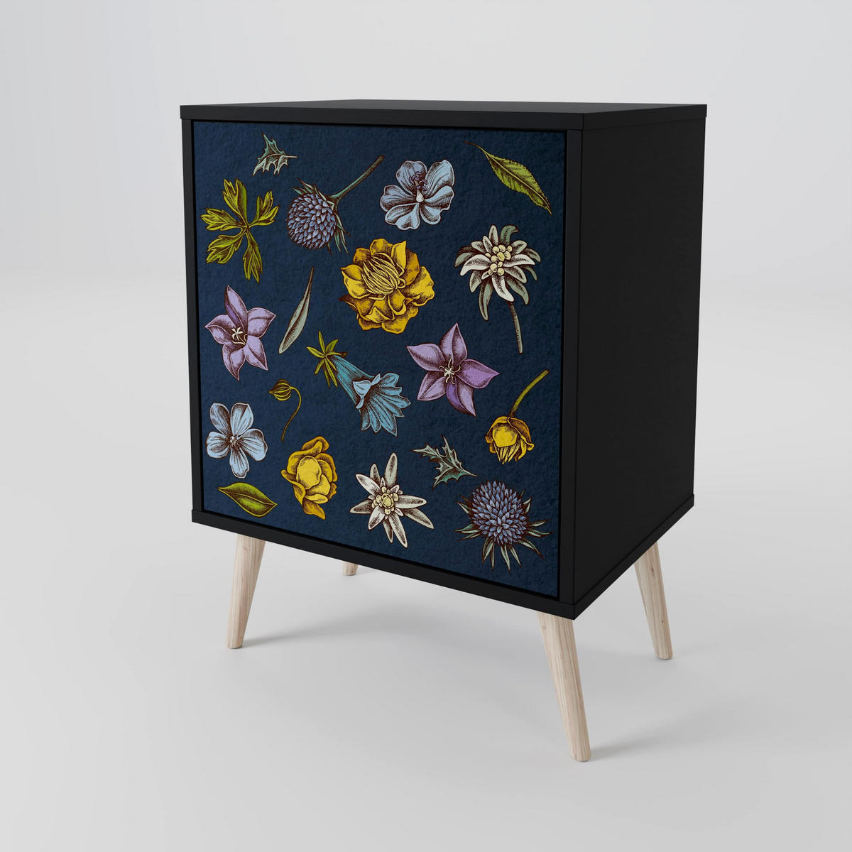 SIDEBOARD FLOWERS ON NAVY BLUE, Schwarz, 57,5x42x75,5 cm, Goldfarbene Metallfüße - Goldfarben/Multicolor, Holzwerkstoff/Metall (57.5/75.5/42cm) - SpaceRebels
