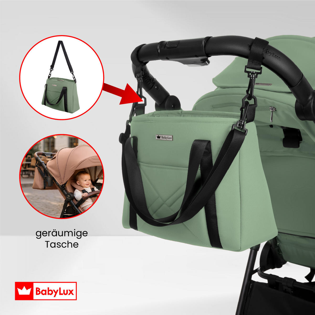 BUGGY Rolle, Klein und Leicht, Teleskopische Führung, Kompakt Faltbar, Wickeltasche, Reisetasche - Jadegrün/Schwarz, Textil/Metall (58/99cm) - BabyLux
