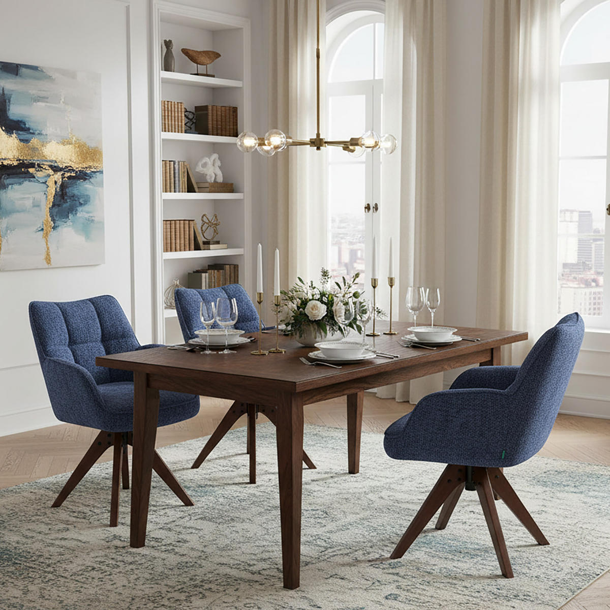 DREHSTUHL Mika-Theo 2er-Set - Blau/Nussbaumfarben, Eichenholz/Holz (59/84/66cm) - DUBI Möbel