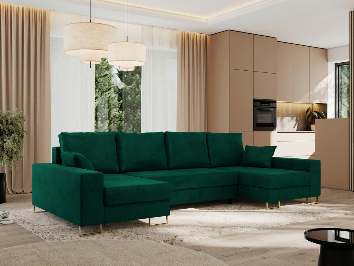 WOHNLANDSCHAFT DORIAN U Velvet Dunkelgrün - Dunkelgrün/Goldfarben, Textil/Metall (312/95/138cm) - MKS