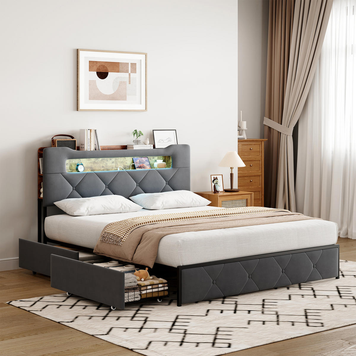 POLSTERBETT 160x200 cm Grau Samt USB 4 Schubladen Kopfteil - Grau, Holz (160/200cm) - SHOPENTRA