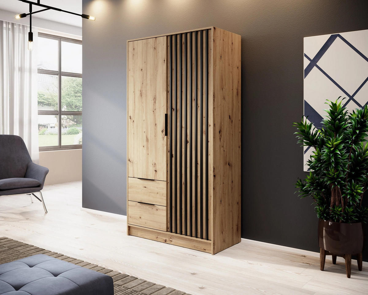 KLEIDERSCHRANK Stilo in Eiche Artisan, zweitürig, mit Schubladen und Lamellen an der Vorderseite - Schwarz/Eiche Artisan, Holzwerkstoff/Kunststoff (105/200/51cm) - Ravio