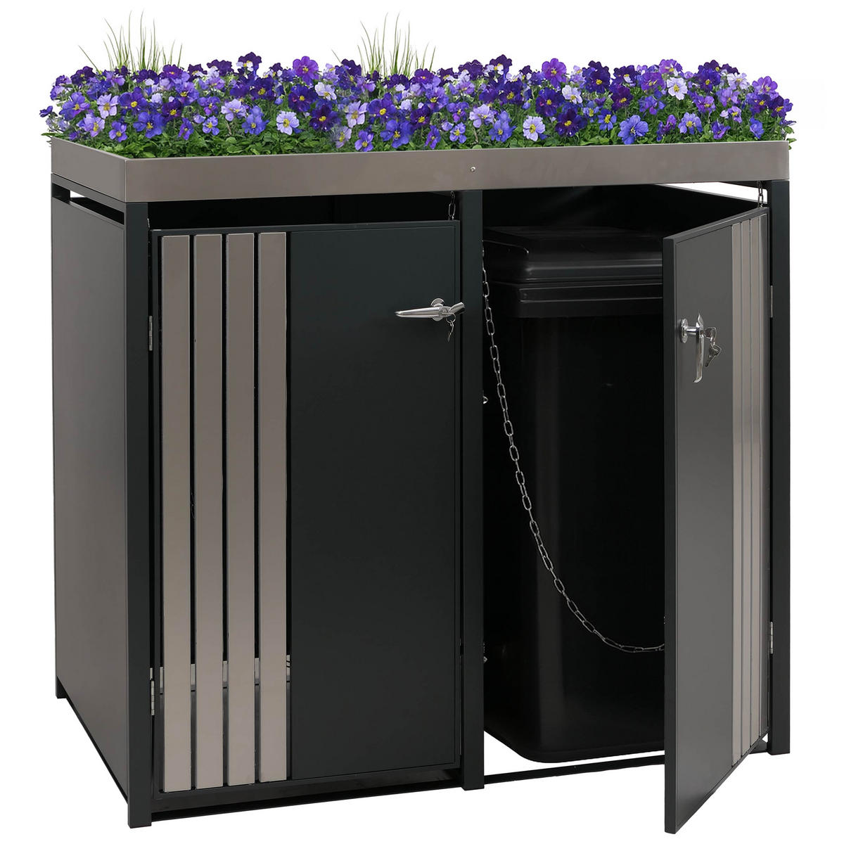 MÜLLTONNENBOX 2er mit Pflanzkasten HxBxT 125x132x84cm Anthrazit Edelstahl - Anthrazit, Metall (132/125/84cm) - PROREGAL