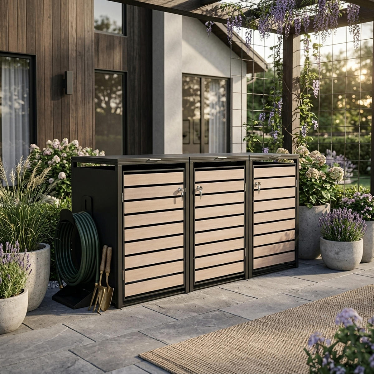 MÜLLTONNENVERKLEIDUNG Liverpool - Mülltonnenbox für 3 - in Holzoptik - , Stahl pulverbeschichtet verzinkt, anthrazit - Grau, Metall (198/116/80cm) - TPFGarden