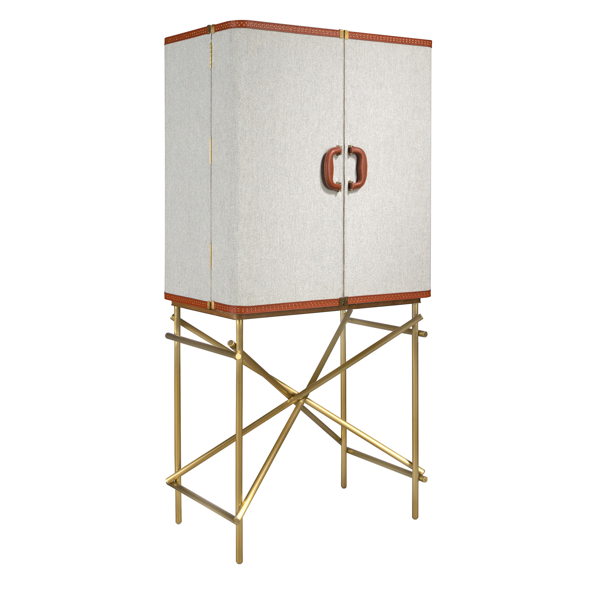 HIGHBOARD Großes Sideboard, Stoff, Nussbaum und goldfarbener polierter Stahl 82/53/169 cm - Hellgrau, Holzwerkstoff/Metall (82/169/53cm) - ANGEL CERDA