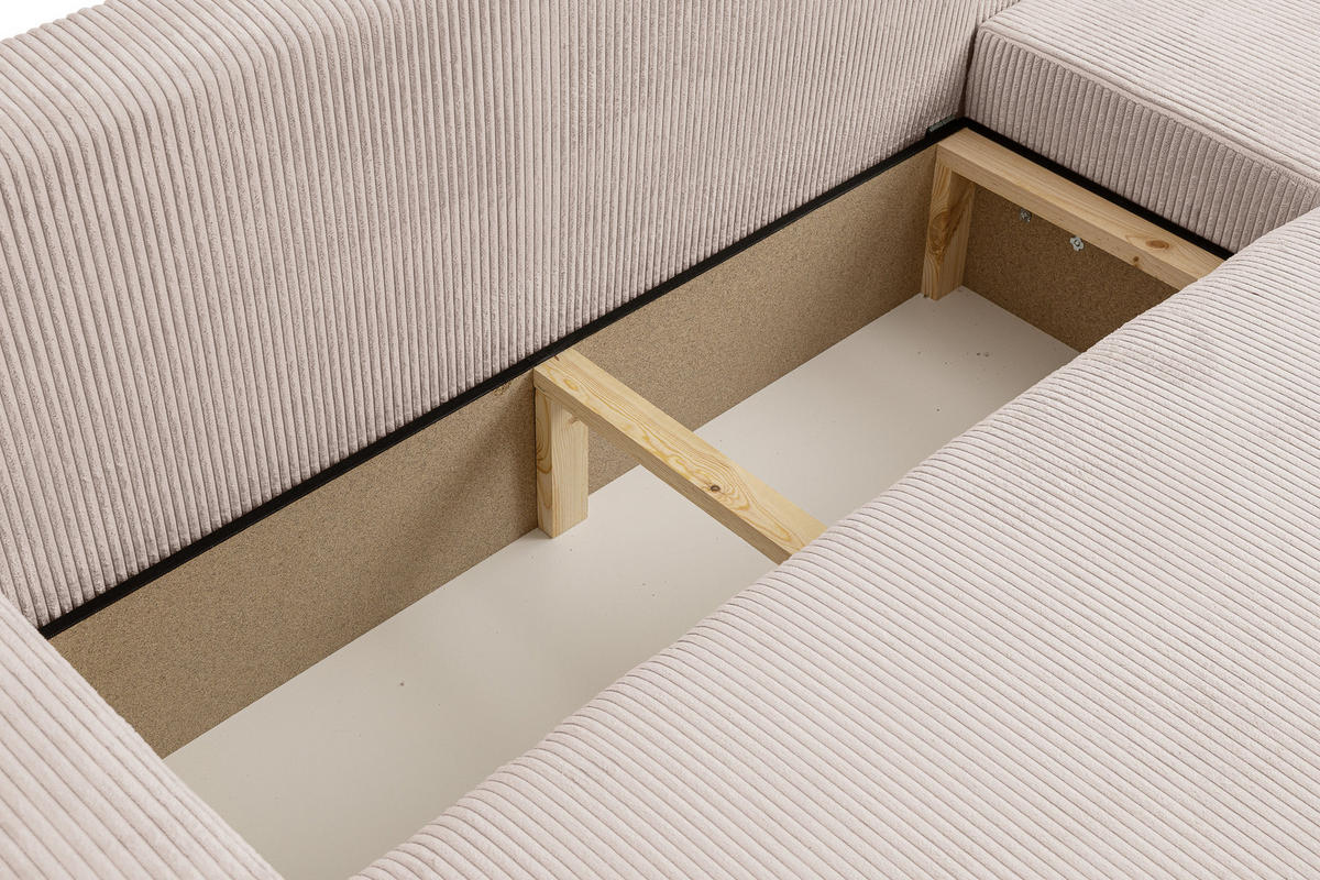 ECKSOFA TOKIO mit Schlaffunktion und Bettkasten, Farbe: Beige, Cordstoff, Ottomane Universal - Beige, Textil (275/170cm)