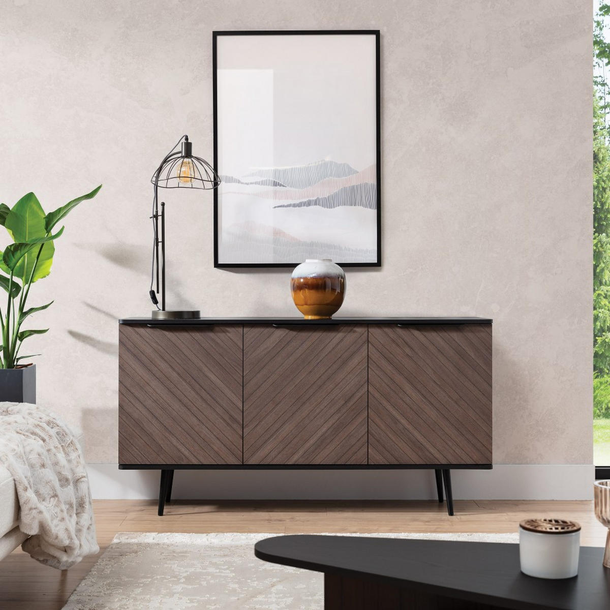 KOMMODE Parini mit 3 Türen, mit Metallbeine, Graphitschwarz/Captains Deck - Eichefarben, Holzwerkstoff/Metall (150/80/41cm) - Beautysofa