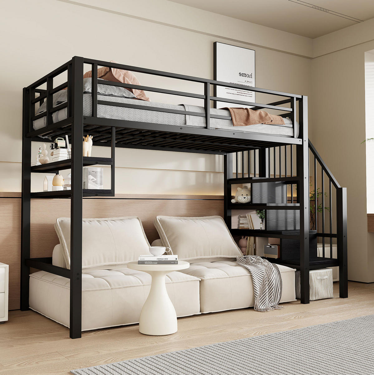 HOCHBETT 90/200 cm in Schwarz – mit Stauraumleiter und Regalfächern - Schwarz, Metall (90/200cm) - BEAOK