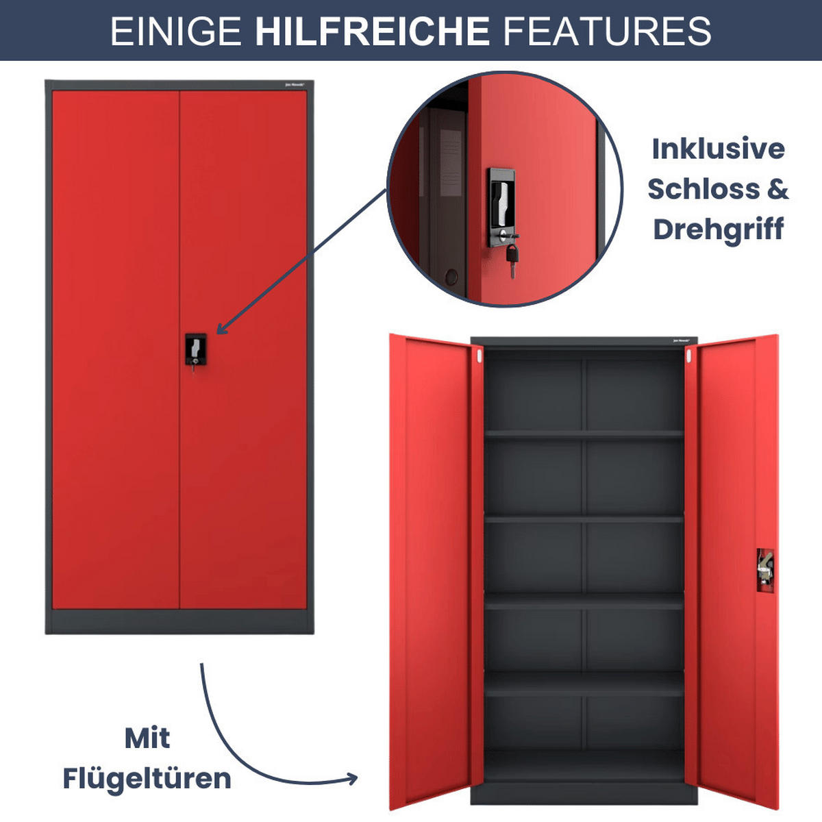 AKTENSCHRANK abschließbar 4er Set KADO 195x90x40cm Anthrazit-Rot - Anthrazit, Metall (90/195/40cm) - DELUKE