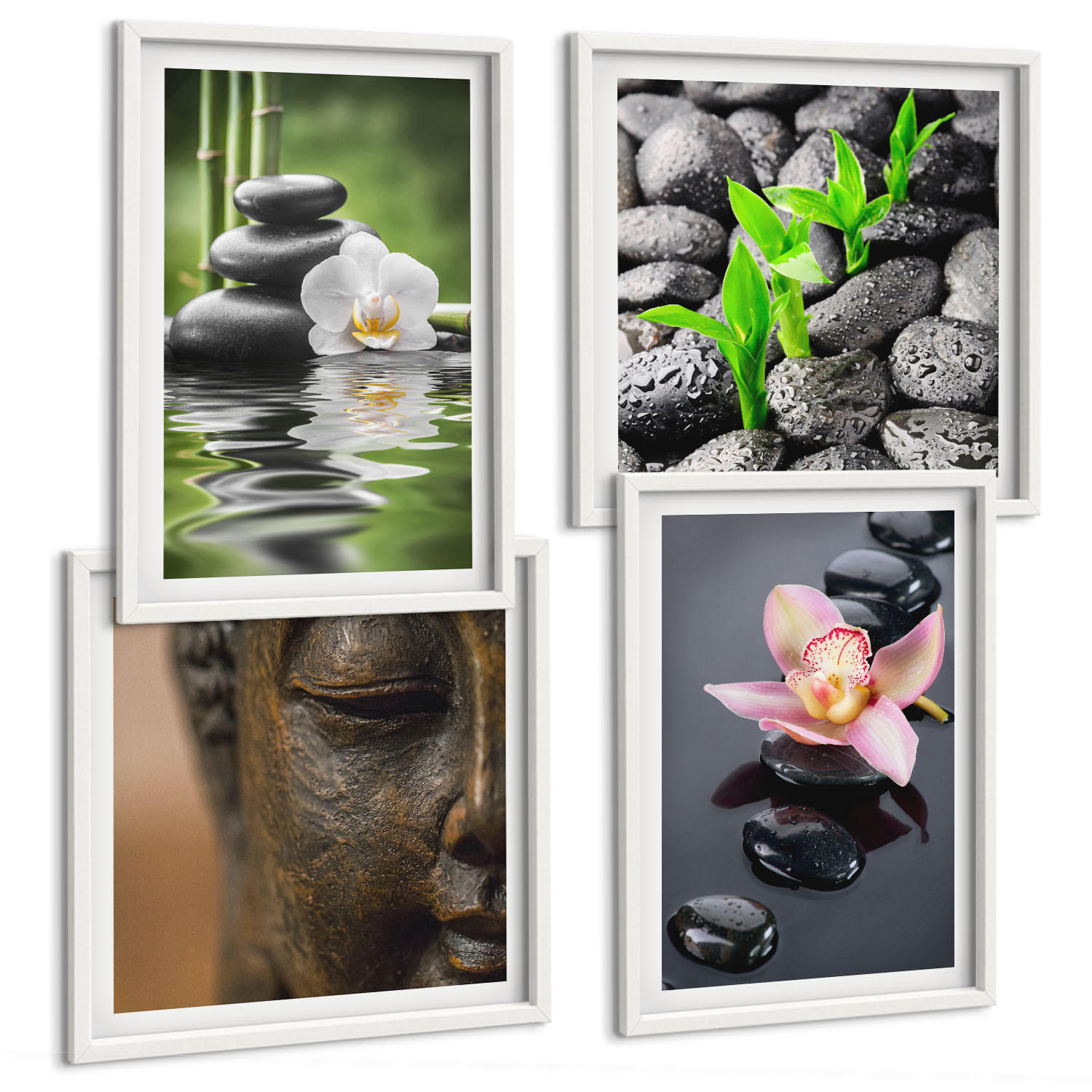 BILDER SET 4er Set - 50x50 cm & 40x60 cm Weißer Rahmen - Friedliche Zen-Blumen-Buddha-Komposition - Weiß, Kunststoff (50/50cm) - TULUP
