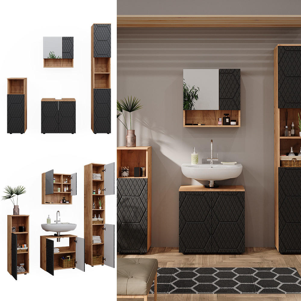 BADMÖBEL-SET Irma Anthrazit gestreift 4 Teile, mit Hochschrank - Honigeiche/Anthrazit, Holzwerkstoff (80/58.6/41cm) - Vicco