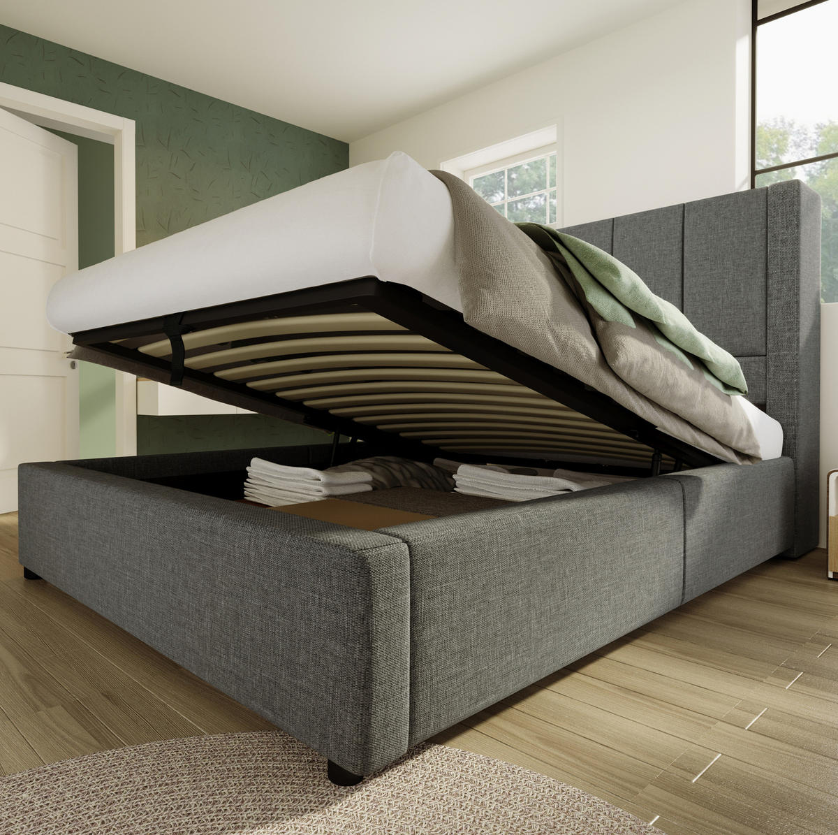 POLSTERBETT aus Leinen 90x200 cm in Grau mit Ladestation & Matratze - Grau, Textil (90/200cm) - Modfu