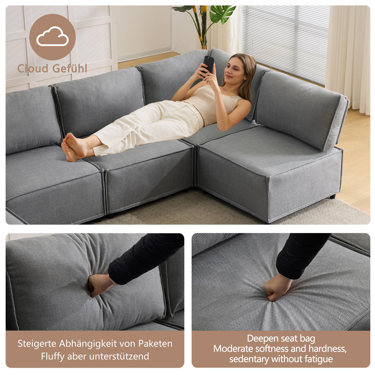WOHNLANDSCHAFT Leinen Hellgrau mit Schlaffunktion - Hellgrau, Holzwerkstoff/Textil (308/77/152cm) - WISHDOR