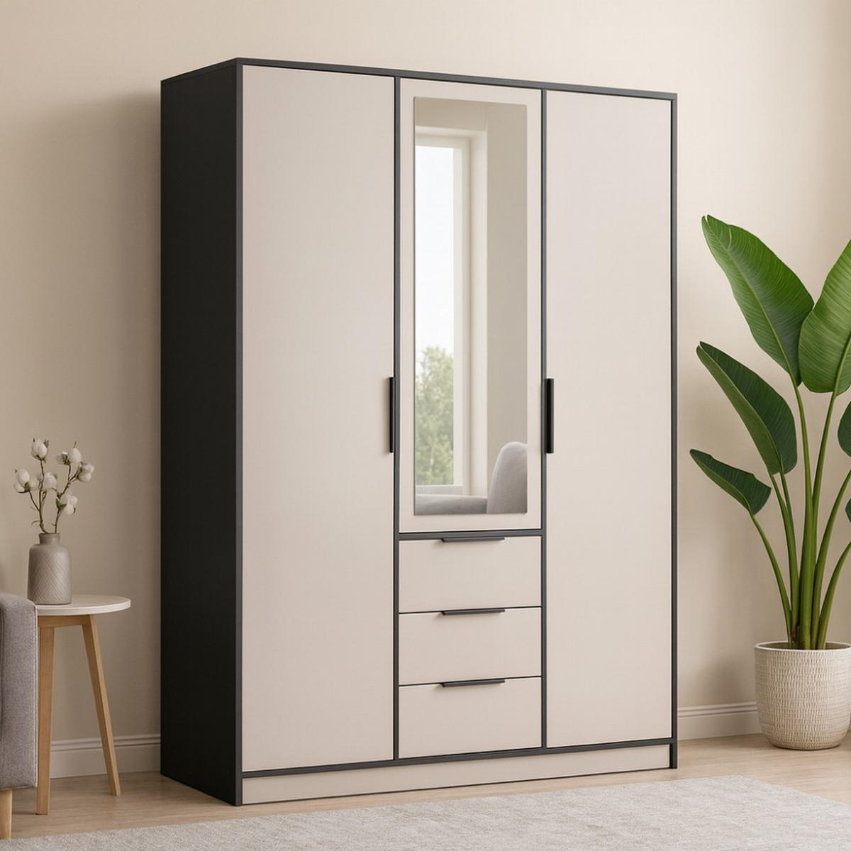 DREHTÜRENSCHRANK Livo mit 3 Türen und 3 Schubladen, kaschmir+schwarz, 150 cm - Kaschmir/Schwarz, Holzwerkstoff (150/200/57cm) - Beautysofa