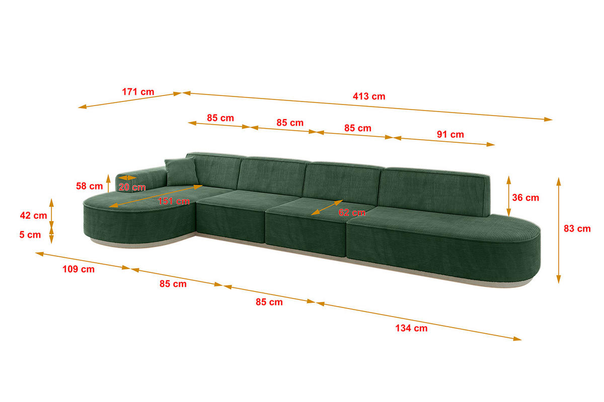 ECKSOFA Ottomane Links MARI-L3-v1 - 413x171x83 cm Grün Cord - Grün, Holzwerkstoff/Textil (413/171cm) - ALTDECOR