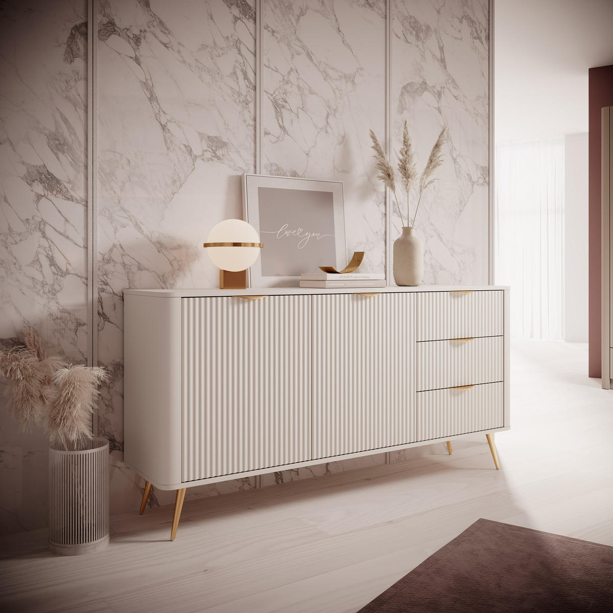 SIDEBOARD LANTANA 163/81/38 cm mit 3 Schubladen und 2 Türen Beige - Beige, Holzwerkstoff (163/81/38cm) - MASSENO