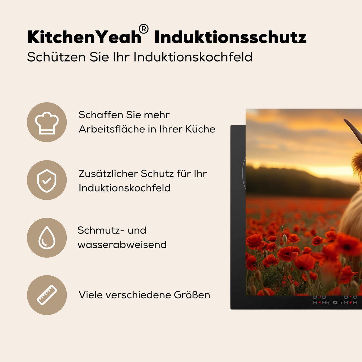 HERDABDECKPLATTE Schottische Highlander - Rosen - Blumenfeld - Sonnenuntergang Ceranfeldabdeckung 90x52 cm - Rotbraun, Kunststoff (90/52/0.2cm) - MuchoWow