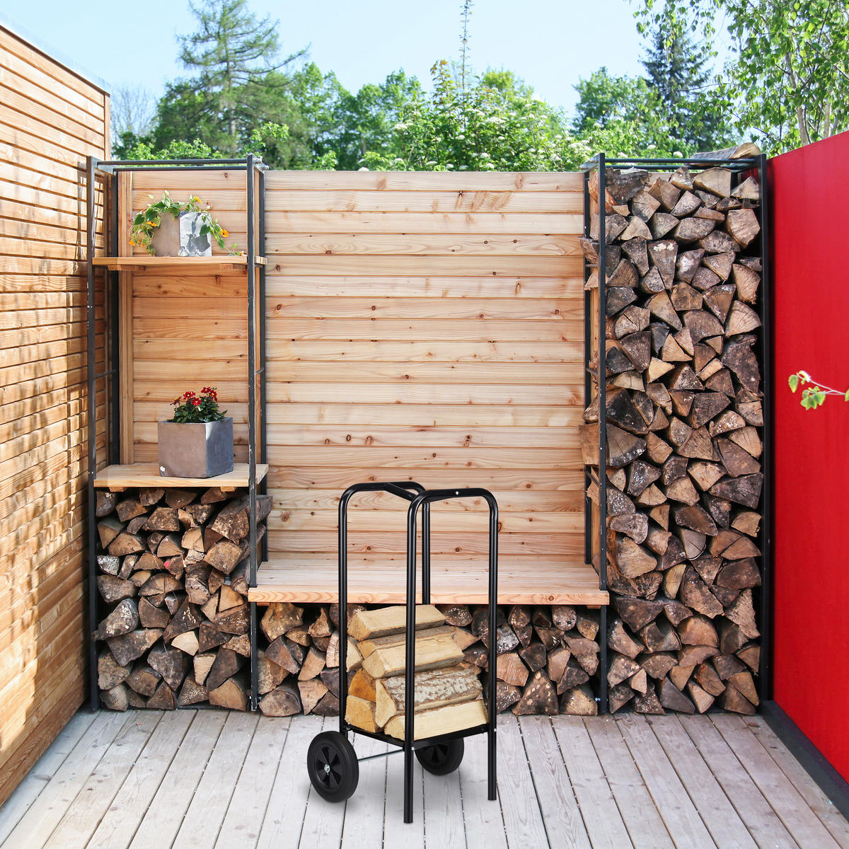 KAMINHOLZWAGEN - Schwarz, Kunststoff/Metall (46/89.5/39cm) - Relaxdays