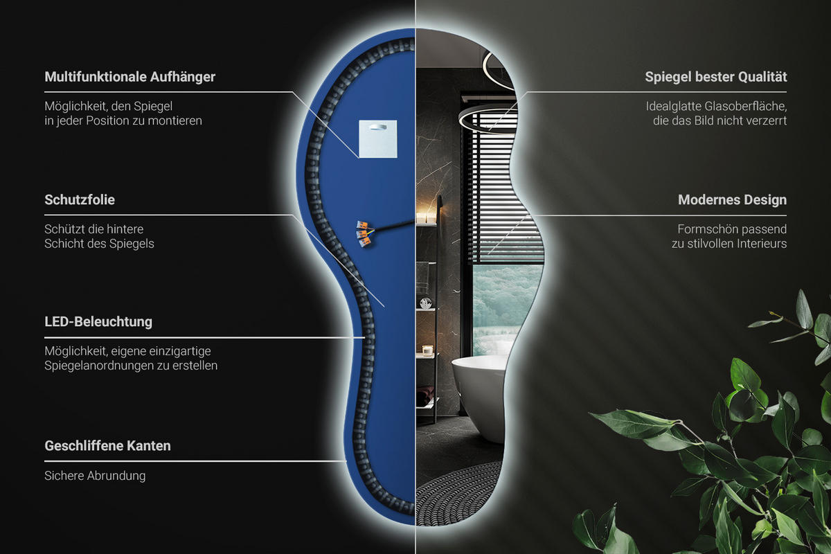LED SPIEGEL 50x100 cm asymmetrisch 6000K - Blau, Glas (50/100/0.4cm) - ArtPrintCave