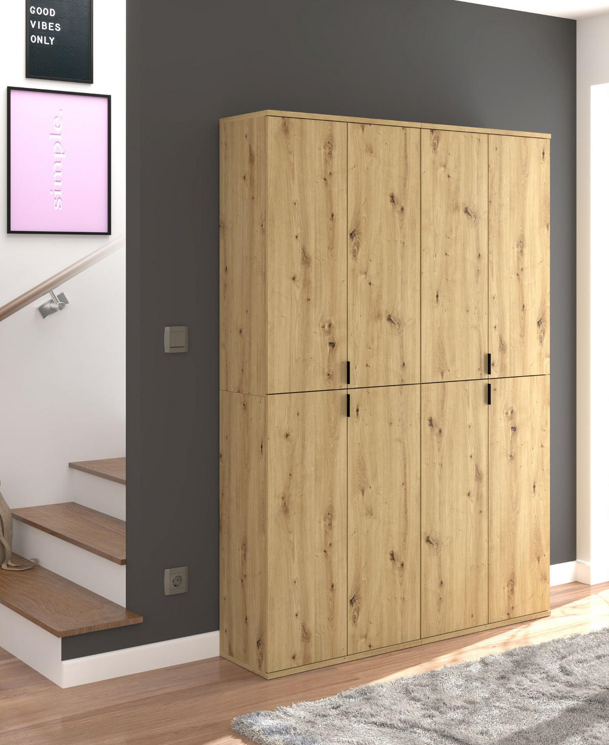 GARDEROBENSCHRANK Eiche 122 cm, Flurschrank mit flexibler Inneneinteilung - Schwarz/Eiche Artisan, Holzwerkstoff/Metall (122/193/34cm) - Inn.Furn