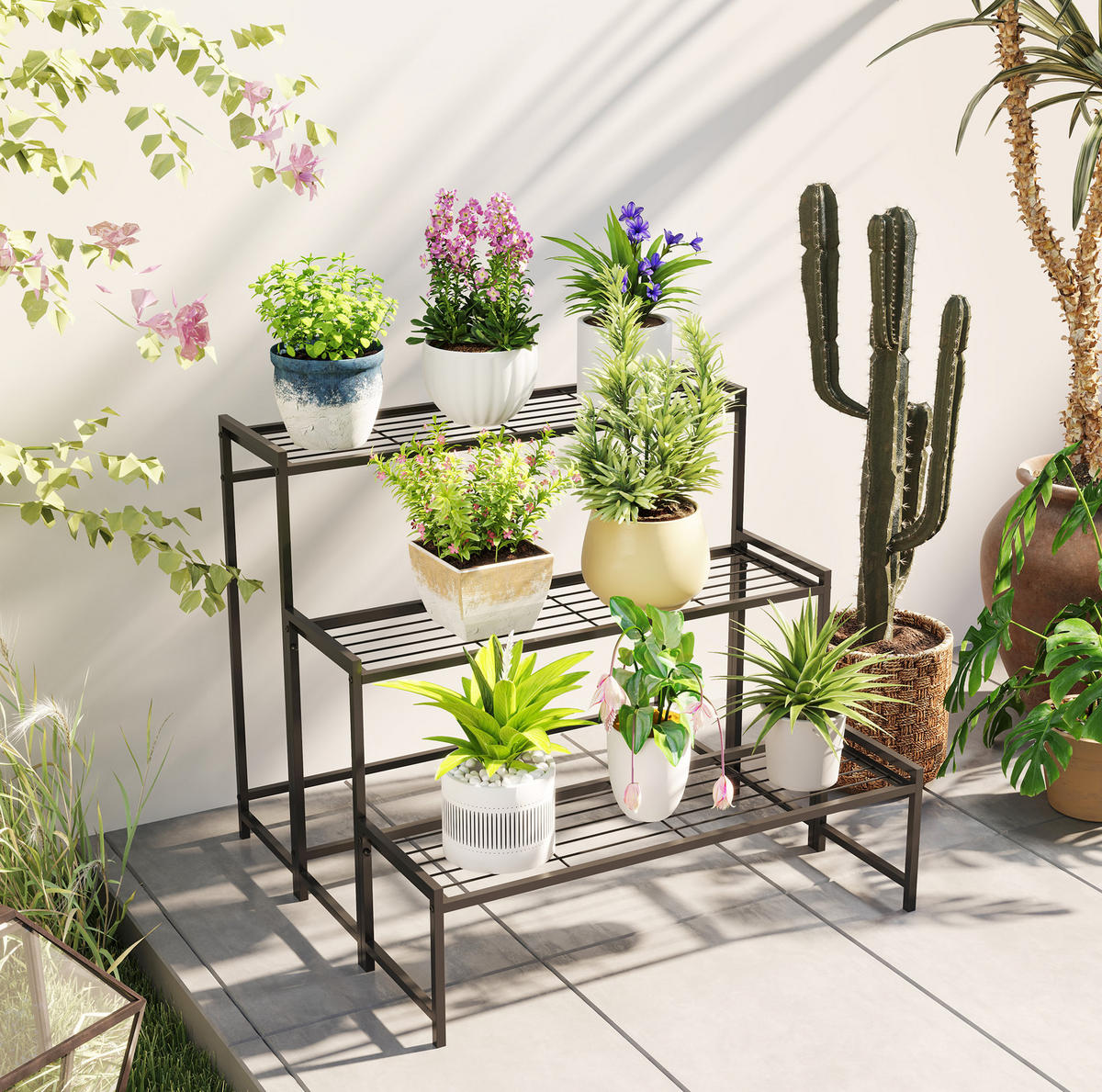 GARTENREGAL aus Metall 75x70x66 cm in Schwarz mit 3 Ebenen - Schwarz, Metall (70/66/75cm) - Modfu